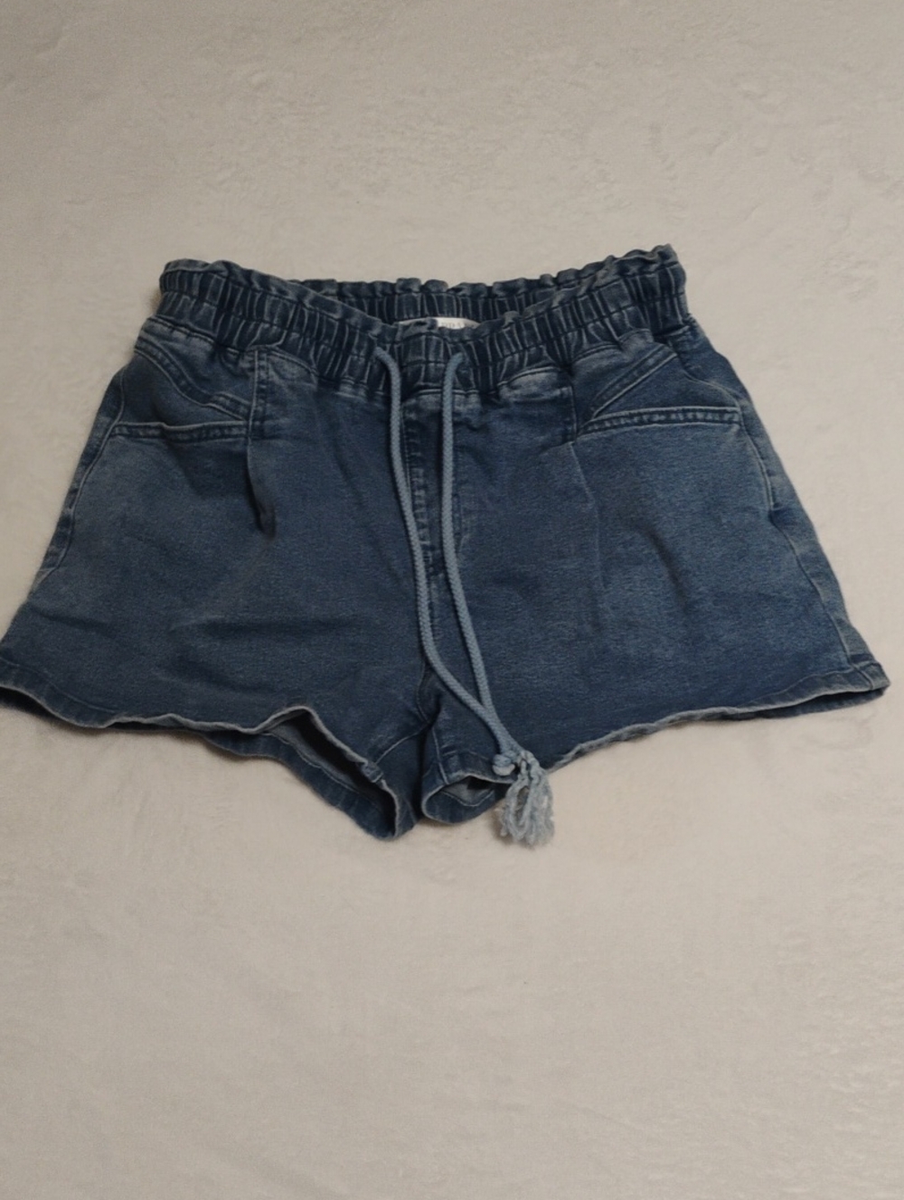 Elastic Waist Denim Drawstring Shorts in Dark Blue